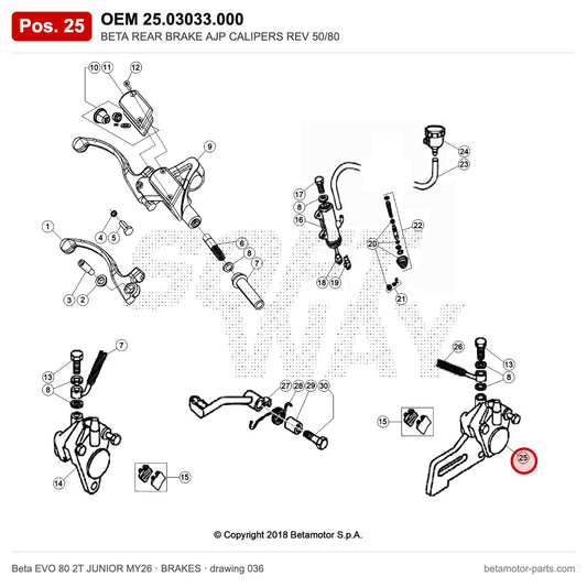 BETA REAR BRAKE AJP CALIPERS REV 50/80 – OEM 25.03033.000, position 25 on the Beta EVO 80 2T JUNIOR MY26 brakes drawing