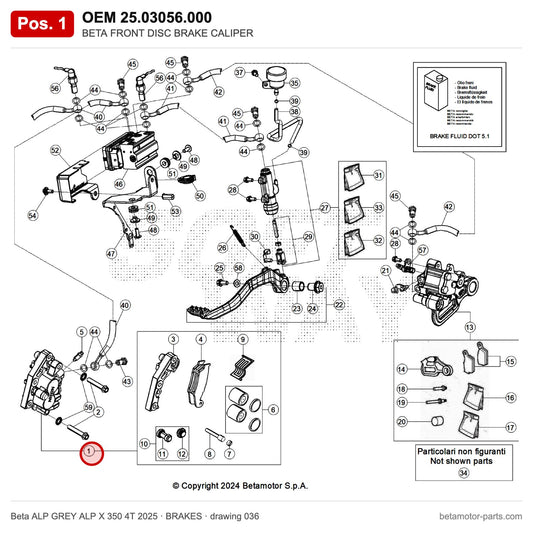 BETA FRONT DISC BRAKE CALIPER – OEM 25.03056.000, position 1 on the Beta ALP GREY ALP X 350 4T 2025 brakes drawing