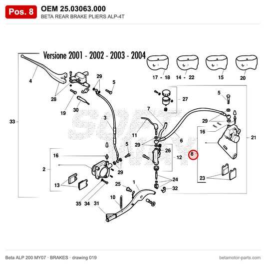 BETA REAR BRAKE PLIERS ALP-4T – OEM 25.03063.000, position 8 on the Beta ALP 200 MY07 brakes drawing