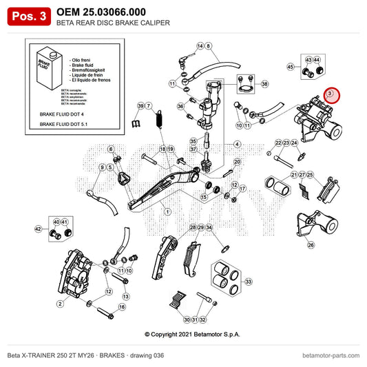 BETA REAR DISC BRAKE CALIPER – OEM 25.03066.000, position 3 on the Beta X-TRAINER 250 2T MY26 brakes drawing