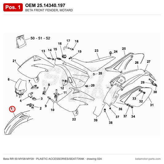BETA FRONT FENDER, MOTARD – OEM 25.14340.197, shown on the Beta RR 50 MY08-MY09 plastic accessories/seat/tank drawing