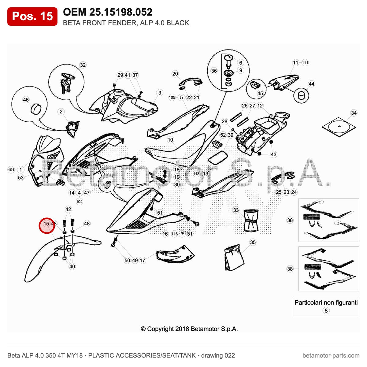 BETA FRONT FENDER, ALP 4.0 BLACK – OEM 25.15198.052, position 15 on the Beta ALP 4.0 350 4T MY18 plastic accessories/seat/tank drawing
