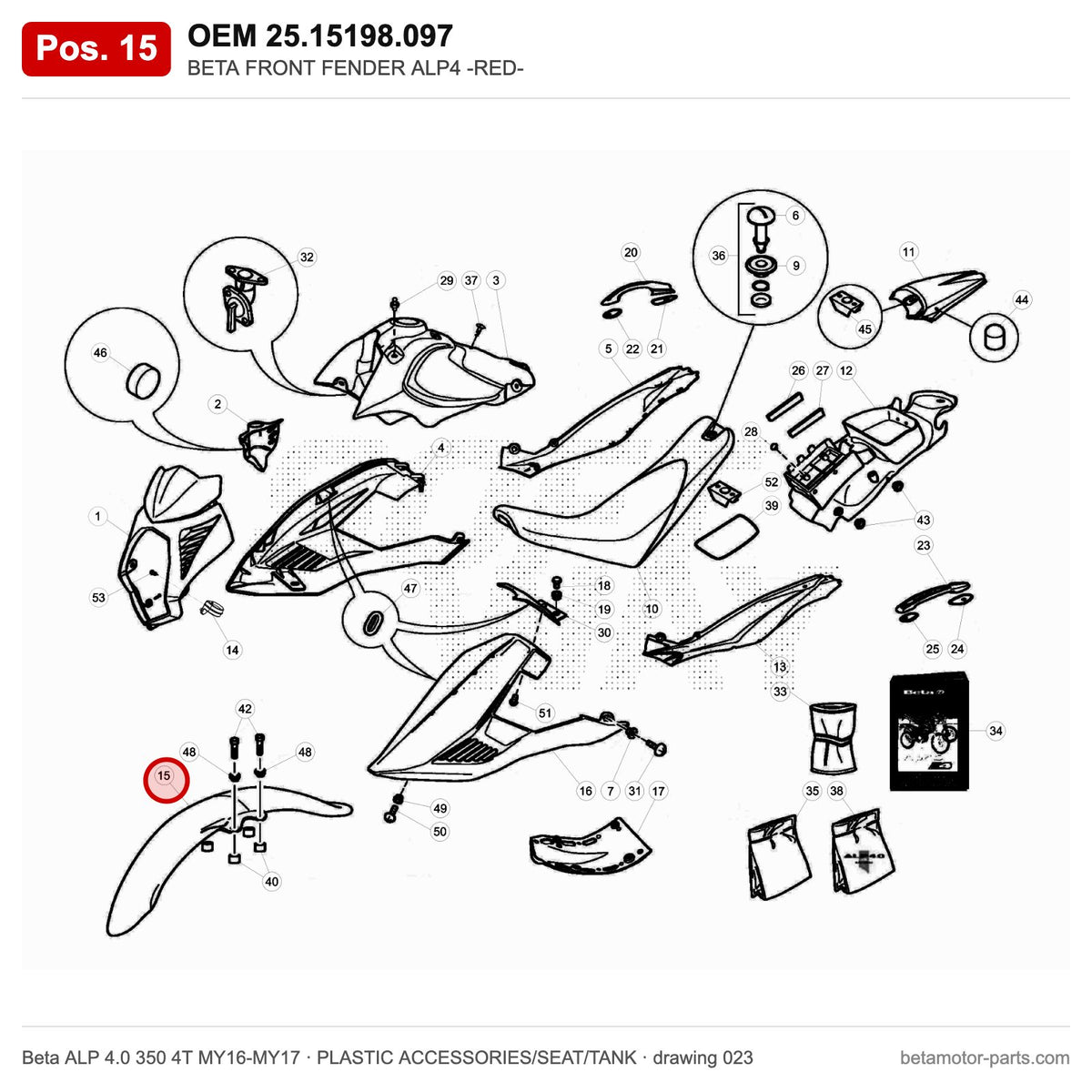 BETA FRONT FENDER ALP4 -RED- – OEM 25.15198.097, position 15 on the Beta ALP 4.0 350 4T MY16-MY17 plastic accessories/seat/tank drawing
