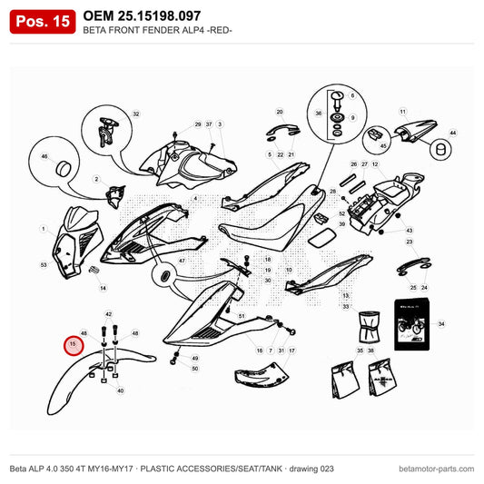 BETA FRONT FENDER ALP4 -RED- – OEM 25.15198.097, position 15 on the Beta ALP 4.0 350 4T MY16-MY17 plastic accessories/seat/tank drawing