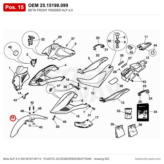 BETA FRONT FENDER ALP 4.0 – OEM 25.15198.099, position 15 on the Beta ALP 4.0 350 MY07-MY13 plastic accessories/seat/tank drawing