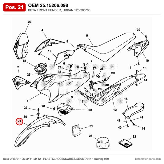 BETA FRONT FENDER, URBAN 125-200 '08 – OEM 25.15206.098, position 21 on the Beta URBAN 125 MY11-MY12 plastic accessories/seat/tank drawing