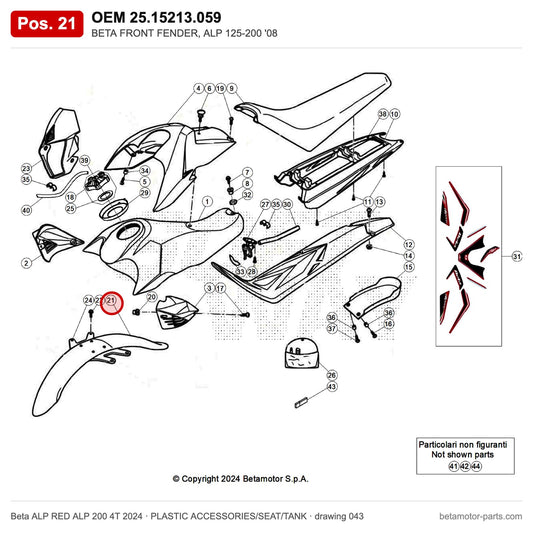 BETA FRONT FENDER, ALP 125-200 '08 – OEM 25.15213.059, position 21 on the Beta ALP RED ALP 200 4T 2024 plastic accessories/seat/tank drawing