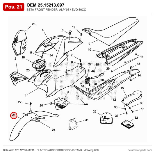 BETA FRONT FENDER, ALP '08 / EVO 80CC – OEM 25.15213.097, shown on the Beta ALP 125 MY08-MY11 plastic accessories/seat/tank drawing