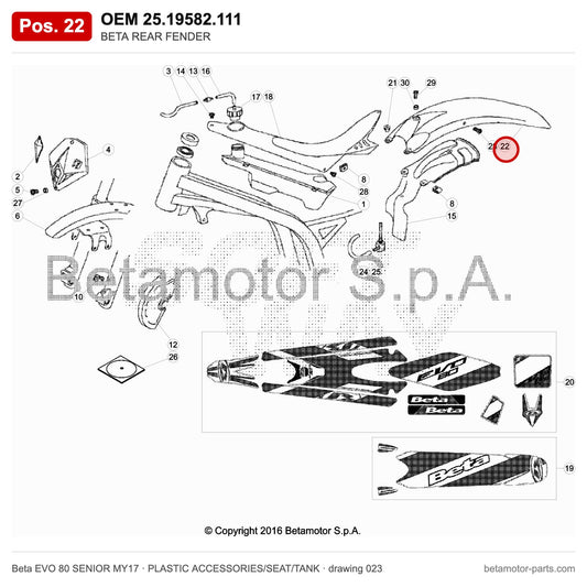 BETA REAR FENDER – OEM 25.19582.111, position 22 on the Beta EVO 80 SENIOR MY17 plastic accessories/seat/tank drawing
