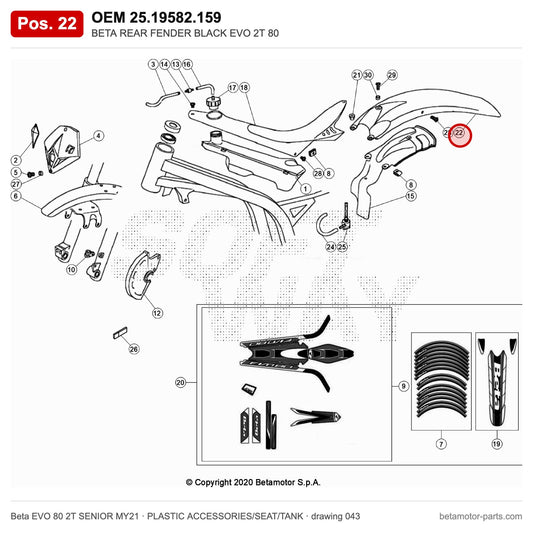 BETA REAR FENDER BLACK EVO 2T 80 – OEM 25.19582.159, position 22 on the Beta EVO 80 2T SENIOR MY21 plastic accessories/seat/tank drawing