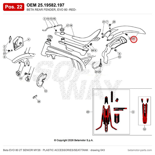 BETA REAR FENDER, EVO 80 -RED- – OEM 25.19582.197, position 22 on the Beta EVO 80 2T SENIOR MY26 plastic accessories/seat/tank drawing