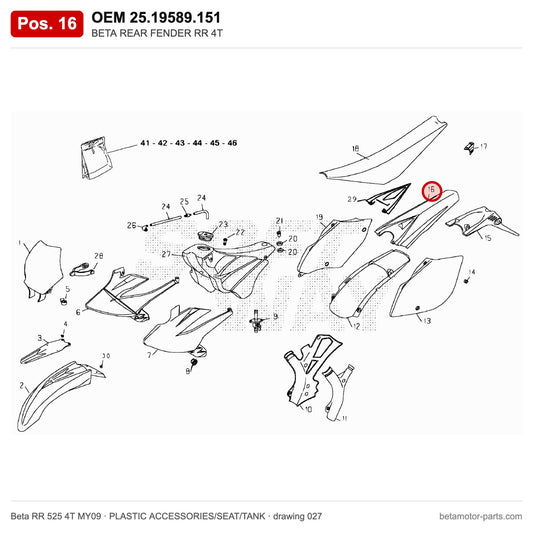 BETA REAR FENDER RR 4T – OEM 25.19589.151, position 16 on the Beta RR 525 4T MY09 plastic accessories/seat/tank drawing