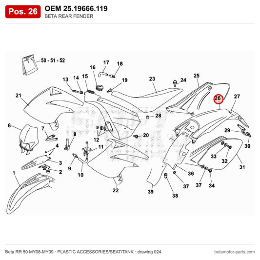 BETA REAR FENDER – OEM 25.19666.119, position 26 on the Beta RR 50 MY08-MY09 plastic accessories/seat/tank drawing