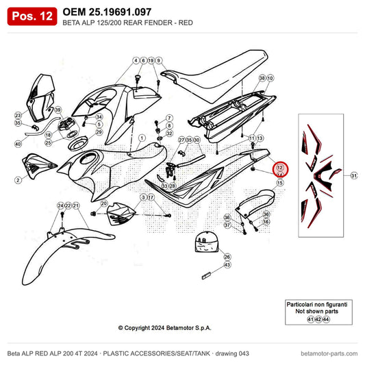 BETA ALP 125/200 REAR FENDER - RED – OEM 25.19691.097, position 12 on the Beta ALP RED ALP 200 4T 2024 plastic accessories/seat/tank drawing