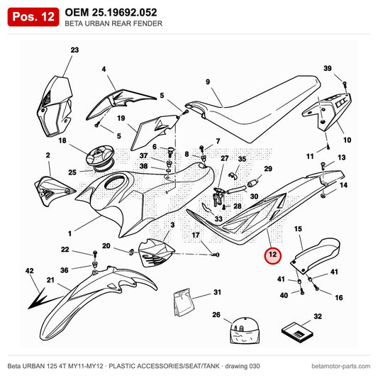 BETA URBAN REAR FENDER – OEM 25.19692.052, position 12 on the Beta URBAN 125 4T MY11-MY12 plastic accessories/seat/tank drawing