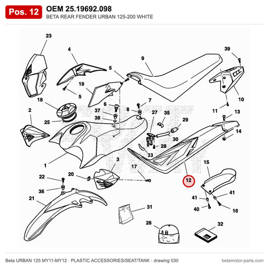 BETA REAR FENDER URBAN 125-200 WHITE – OEM 25.19692.098, position 12 on the Beta URBAN 125 MY11-MY12 plastic accessories/seat/tank drawing