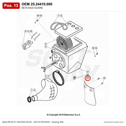 BETA MUD GUARD – OEM 25.24410.000, position 13 on the Beta RR 50 2T RACING MY20 air filter box drawing