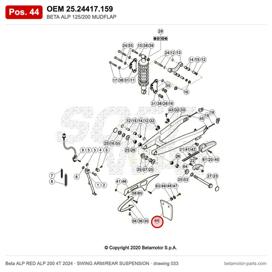 BETA ALP 125/200 MUDFLAP – OEM 25.24417.159, position 44 on the Beta ALP RED ALP 200 4T 2024 swing arm/rear suspension drawing