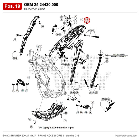 BETA FAIR LEAD – OEM 25.24430.000, position 19 on the Beta X-TRAINER 200 2T MY27 frame accessories drawing