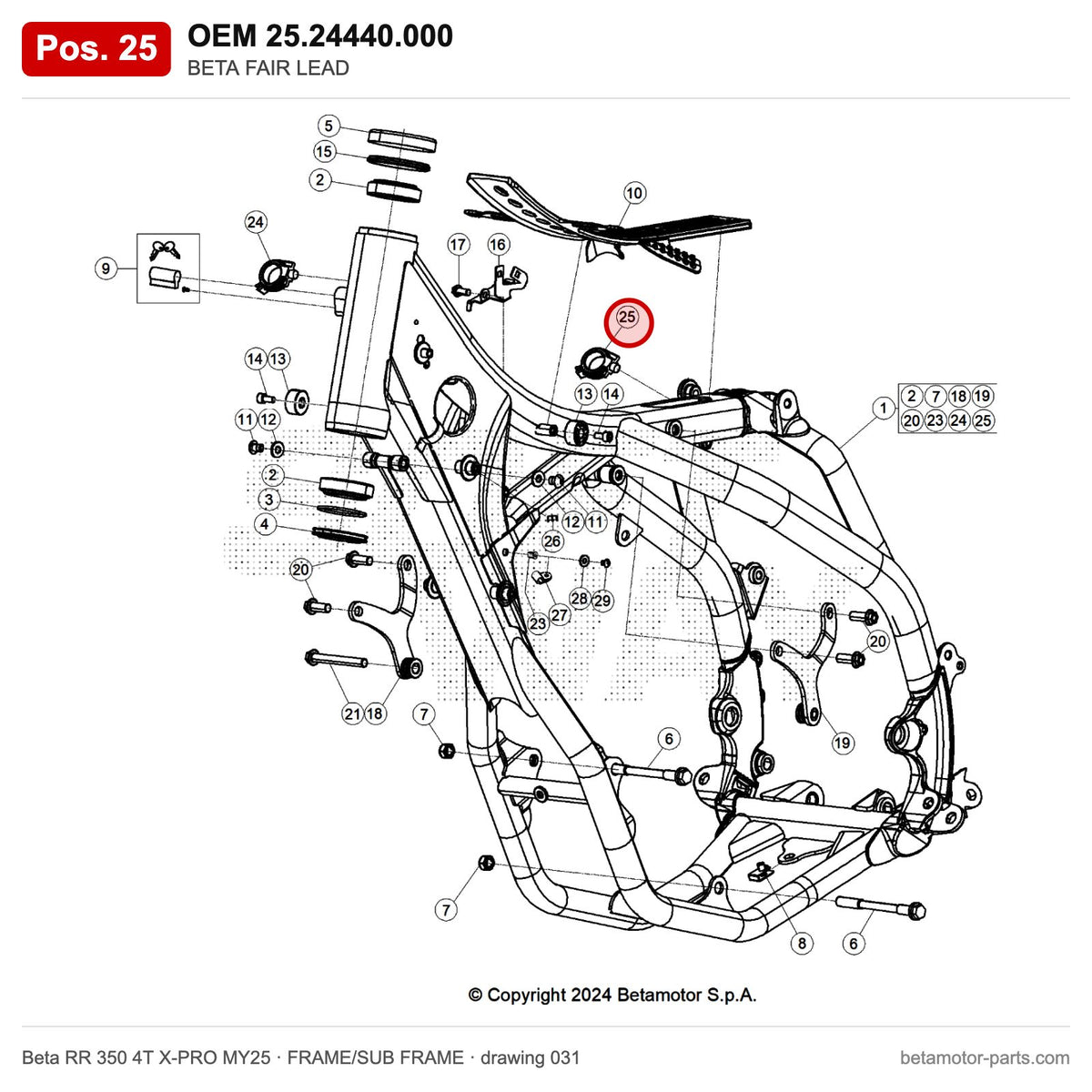 BETA FAIR LEAD – OEM 25.24440.000, position 25 on the Beta RR 350 4T X-PRO MY25 frame/sub frame drawing