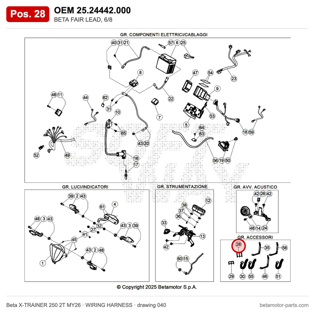 BETA FAIR LEAD, 6/8 – OEM 25.24442.000, position 28 on the Beta X-TRAINER 250 2T MY26 wiring harness drawing