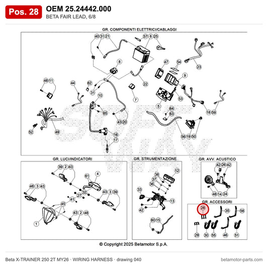 BETA FAIR LEAD, 6/8 – OEM 25.24442.000, position 28 on the Beta X-TRAINER 250 2T MY26 wiring harness drawing