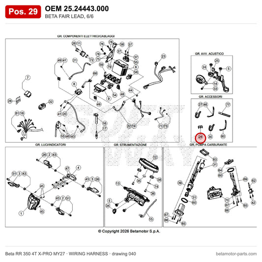 BETA FAIR LEAD, 6/6 – OEM 25.24443.000, position 29 on the Beta RR 350 4T X-PRO MY27 wiring harness drawing