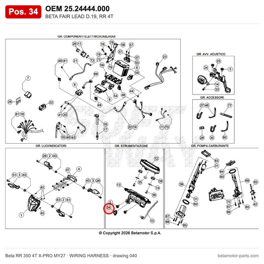 BETA FAIR LEAD D.19, RR 4T – OEM 25.24444.000, position 34 on the Beta RR 350 4T X-PRO MY27 wiring harness drawing