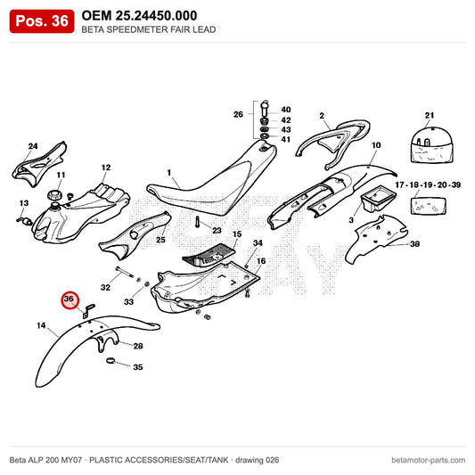 BETA SPEEDMETER FAIR LEAD – OEM 25.24450.000, position 36 on the Beta ALP 200 MY07 plastic accessories/seat/tank drawing
