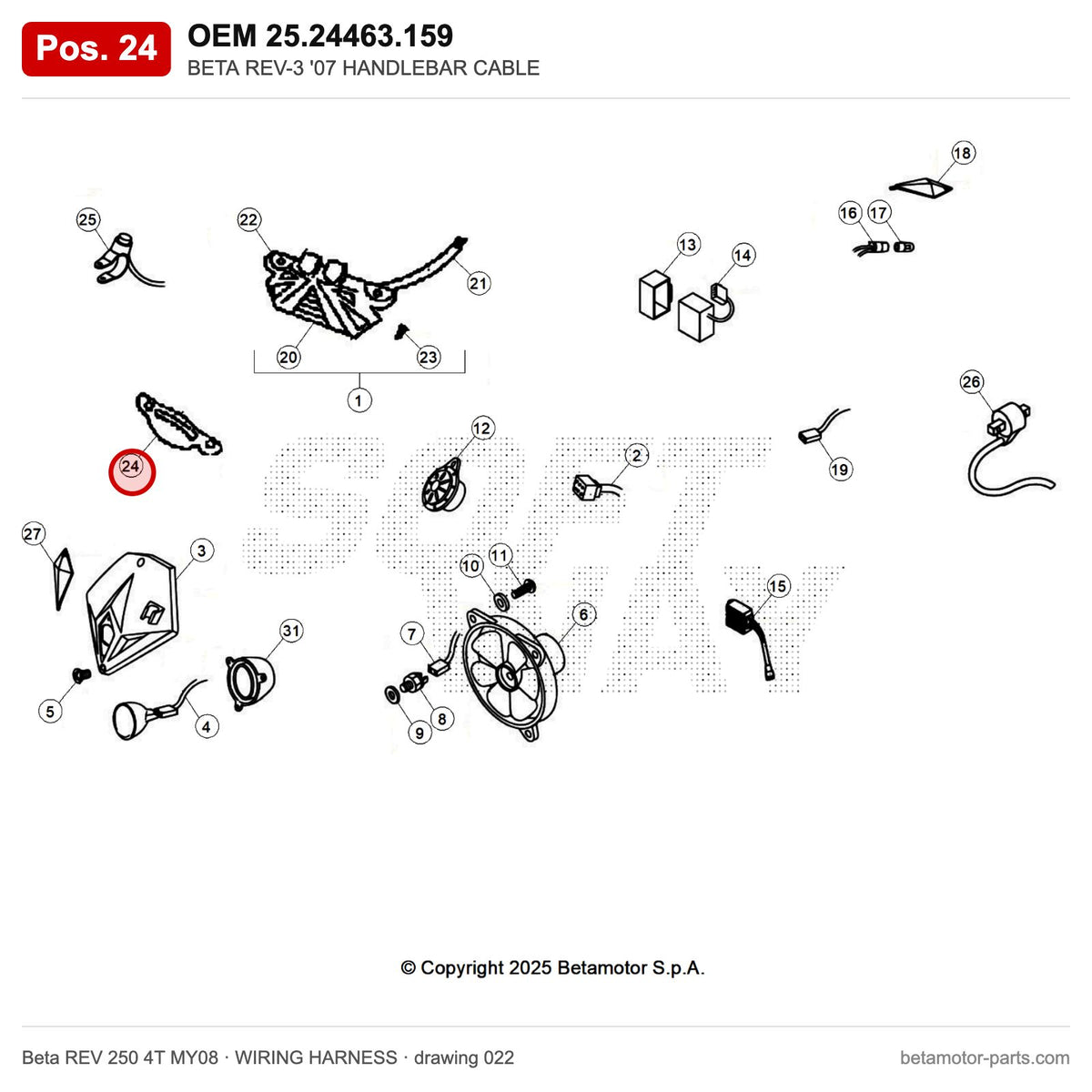 BETA REV-3 '07 HANDLEBAR CABLE – OEM 25.24463.159, position 24 on the Beta REV 250 4T MY08 wiring harness drawing