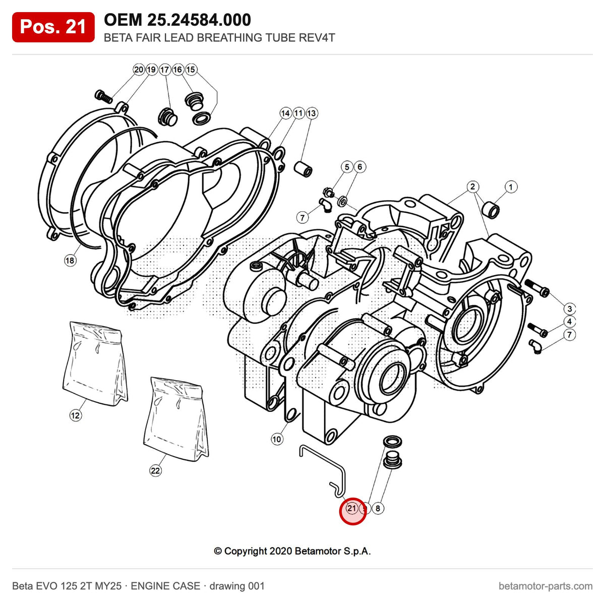 BETA FAIR LEAD BREATHING TUBE REV4T – OEM 25.24584.000, position 21 on the Beta EVO 125 2T MY25 engine case drawing