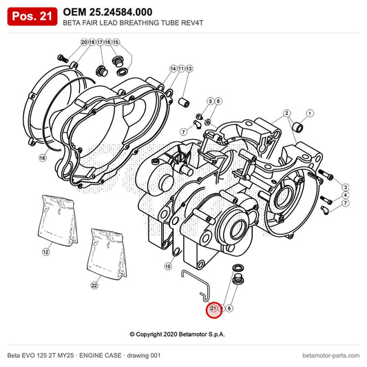 BETA FAIR LEAD BREATHING TUBE REV4T – OEM 25.24584.000, position 21 on the Beta EVO 125 2T MY25 engine case drawing