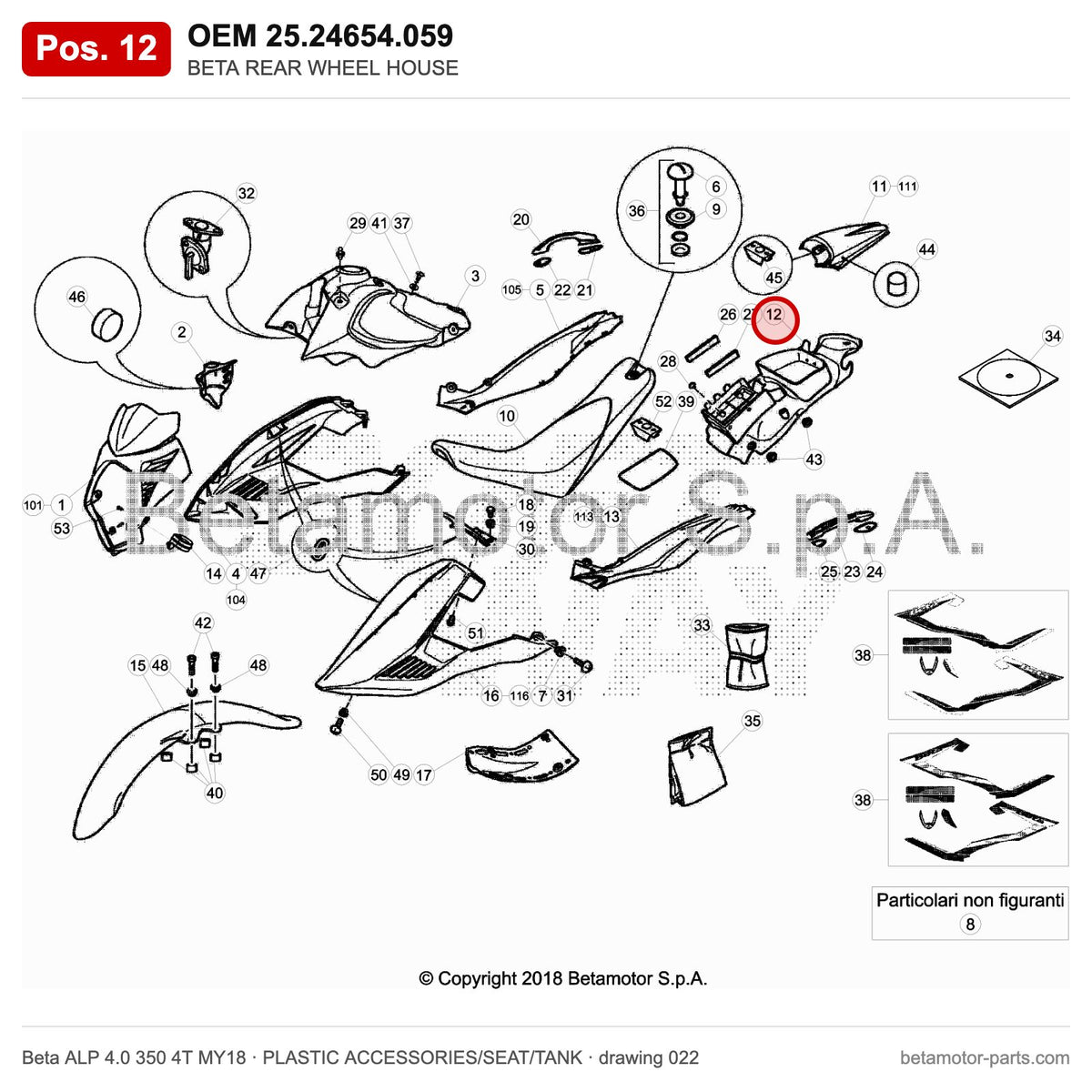 BETA REAR WHEEL HOUSE – OEM 25.24654.059, position 12 on the Beta ALP 4.0 350 4T MY18 plastic accessories/seat/tank drawing