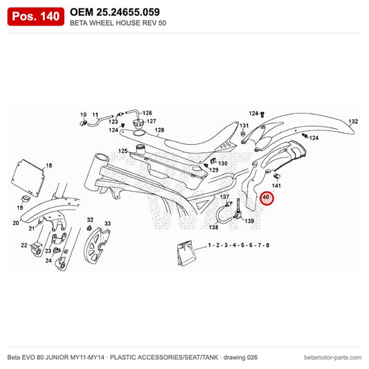 BETA WHEEL HOUSE REV 50 – OEM 25.24655.059, position 140 on the Beta EVO 80 JUNIOR MY11-MY14 plastic accessories/seat/tank drawing