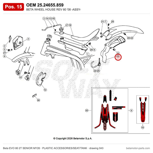 BETA WHEEL HOUSE REV 80 '08 -ASSY- – OEM 25.24655.859, position 15 on the Beta EVO 80 2T SENIOR MY26 plastic accessories/seat/tank drawing