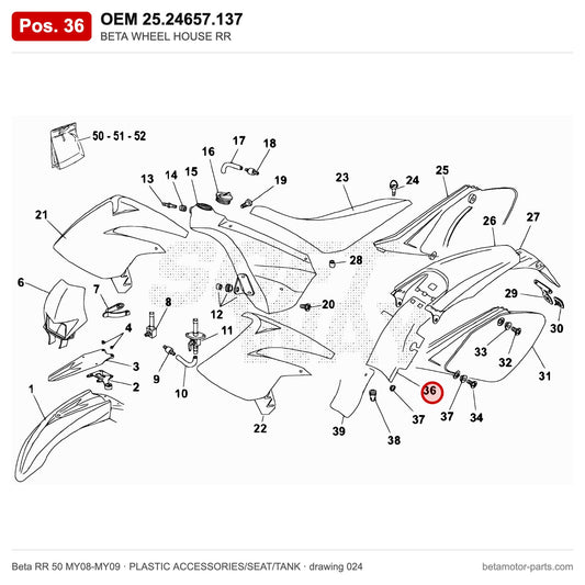 BETA WHEEL HOUSE RR – OEM 25.24657.137, position 36 on the Beta RR 50 MY08-MY09 plastic accessories/seat/tank drawing