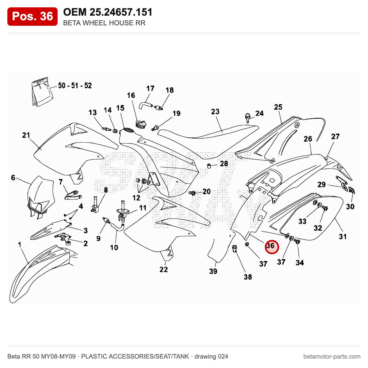BETA WHEEL HOUSE RR – OEM 25.24657.151, position 36 on the Beta RR 50 MY08-MY09 plastic accessories/seat/tank drawing