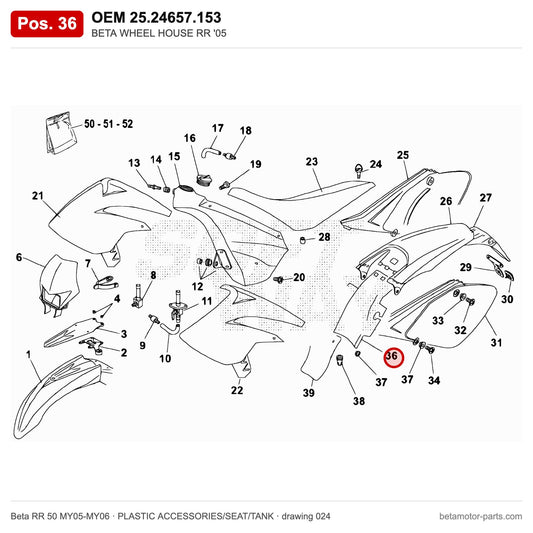 BETA WHEEL HOUSE RR '05 – OEM 25.24657.153, position 36 on the Beta RR 50 MY05-MY06 plastic accessories/seat/tank drawing