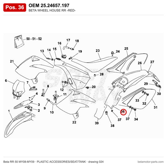 BETA WHEEL HOUSE RR -RED- – OEM 25.24657.197, position 36 on the Beta RR 50 MY08-MY09 plastic accessories/seat/tank drawing