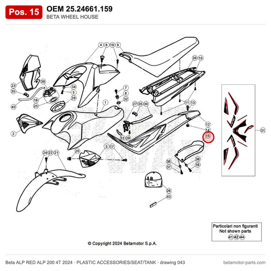 BETA WHEEL HOUSE – OEM 25.24661.159, position 15 on the Beta ALP RED ALP 200 4T 2024 plastic accessories/seat/tank drawing