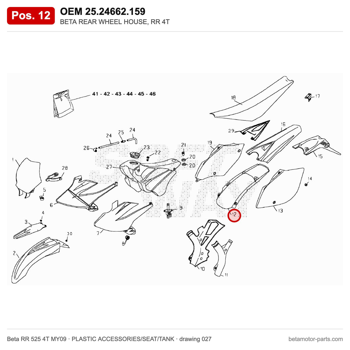 BETA REAR WHEEL HOUSE, RR 4T – OEM 25.24662.159, position 12 on the Beta RR 525 4T MY09 plastic accessories/seat/tank drawing