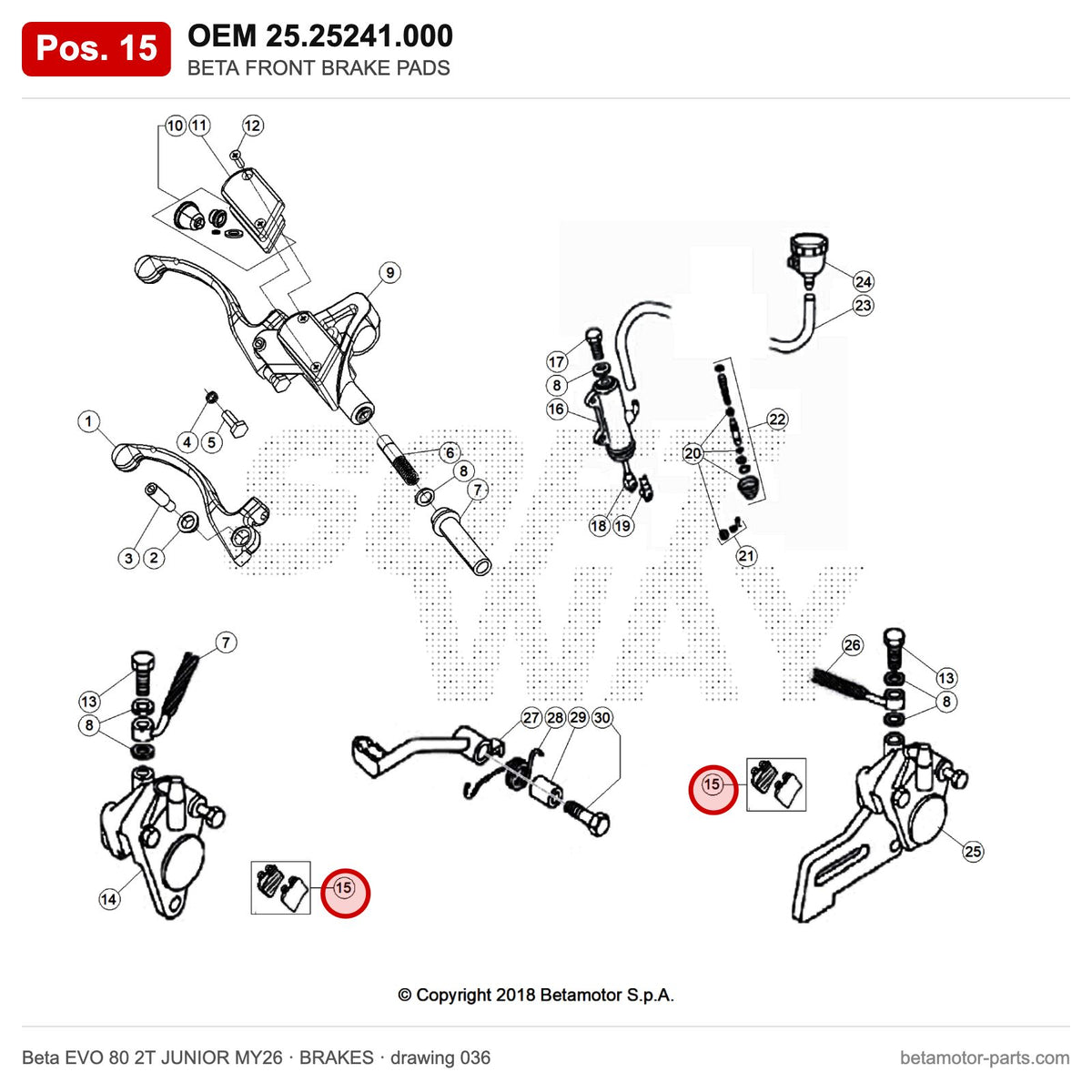 BETA FRONT BRAKE PADS – OEM 25.25241.000, position 15 on the Beta EVO 80 2T JUNIOR MY26 brakes drawing