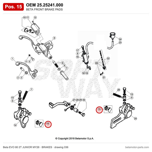 BETA FRONT BRAKE PADS – OEM 25.25241.000, position 15 on the Beta EVO 80 2T JUNIOR MY26 brakes drawing