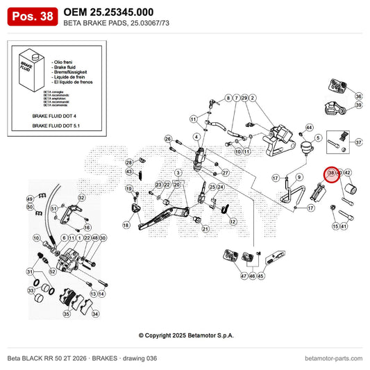 BETA BRAKE PADS, 25.03067/73 – OEM 25.25345.000, position 38 on the Beta BLACK RR 50 2T 2026 brakes drawing