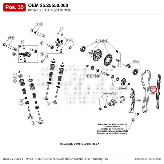 BETA FIXED SLIDING BLOCK – OEM 25.25550.000, position 35 on the Beta EVO 300 4T MY26 cylinder/cylinder head/valvetrain drawing