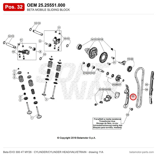 BETA MOBILE SLIDING BLOCK – OEM 25.25551.000, position 32 on the Beta EVO 300 4T MY26 cylinder/cylinder head/valvetrain drawing