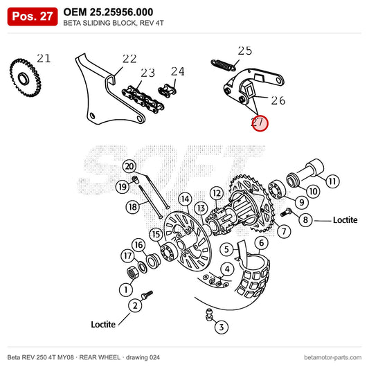BETA SLIDING BLOCK, REV 4T – OEM 25.25956.000, position 27 on the Beta REV 250 4T MY08 rear wheel drawing