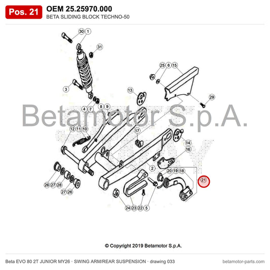 BETA SLIDING BLOCK TECHNO-50 – OEM 25.25970.000, position 21 on the Beta EVO 80 2T JUNIOR MY26 swing arm/rear suspension drawing