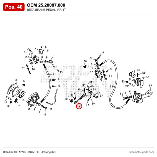 BETA BRAKE PEDAL, RR 4T – OEM 25.28087.000, position 40 on the Beta RR 400 MY06 brakes drawing