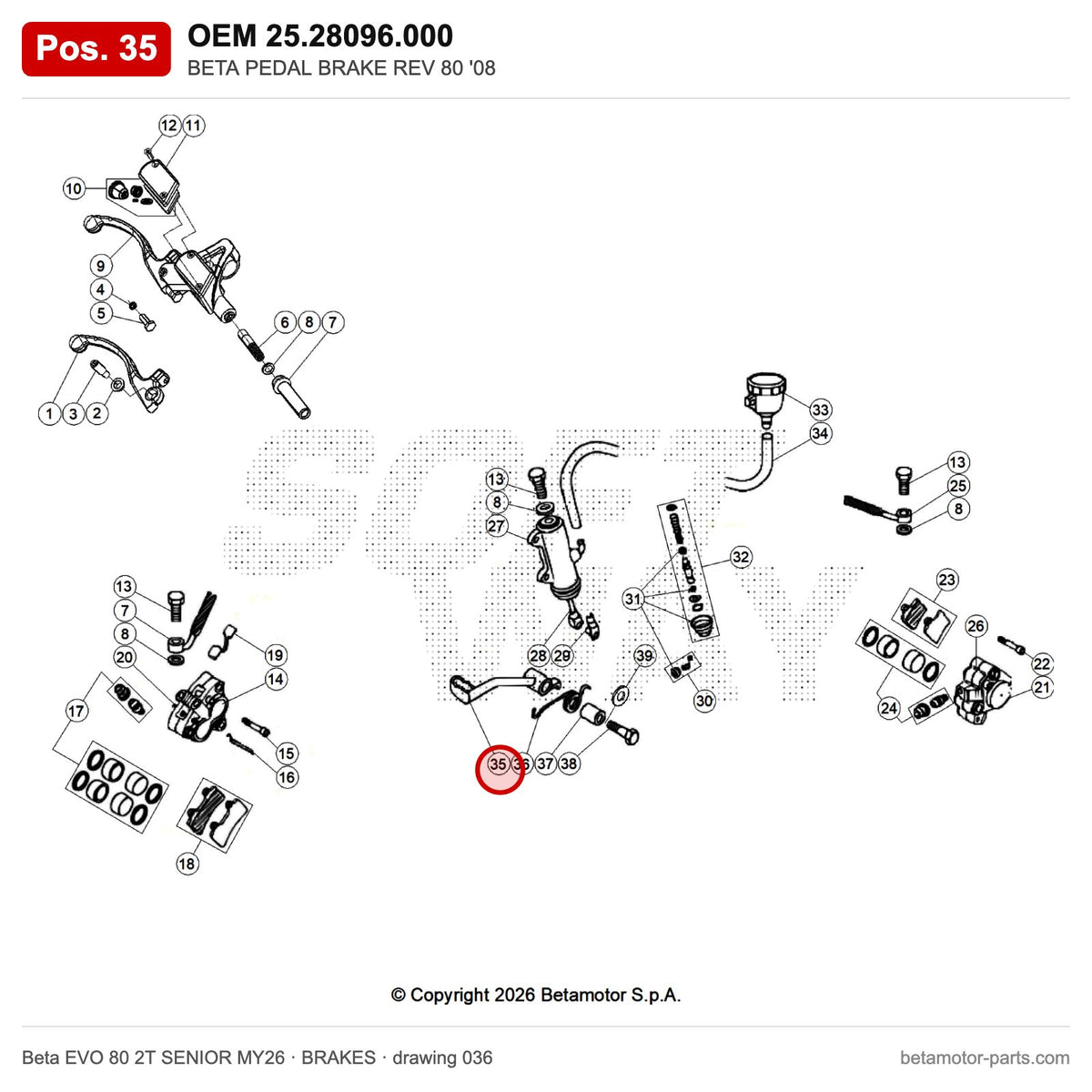 BETA PEDAL BRAKE REV 80 '08 – OEM 25.28096.000, position 35 on the Beta EVO 80 2T SENIOR MY26 brakes drawing
